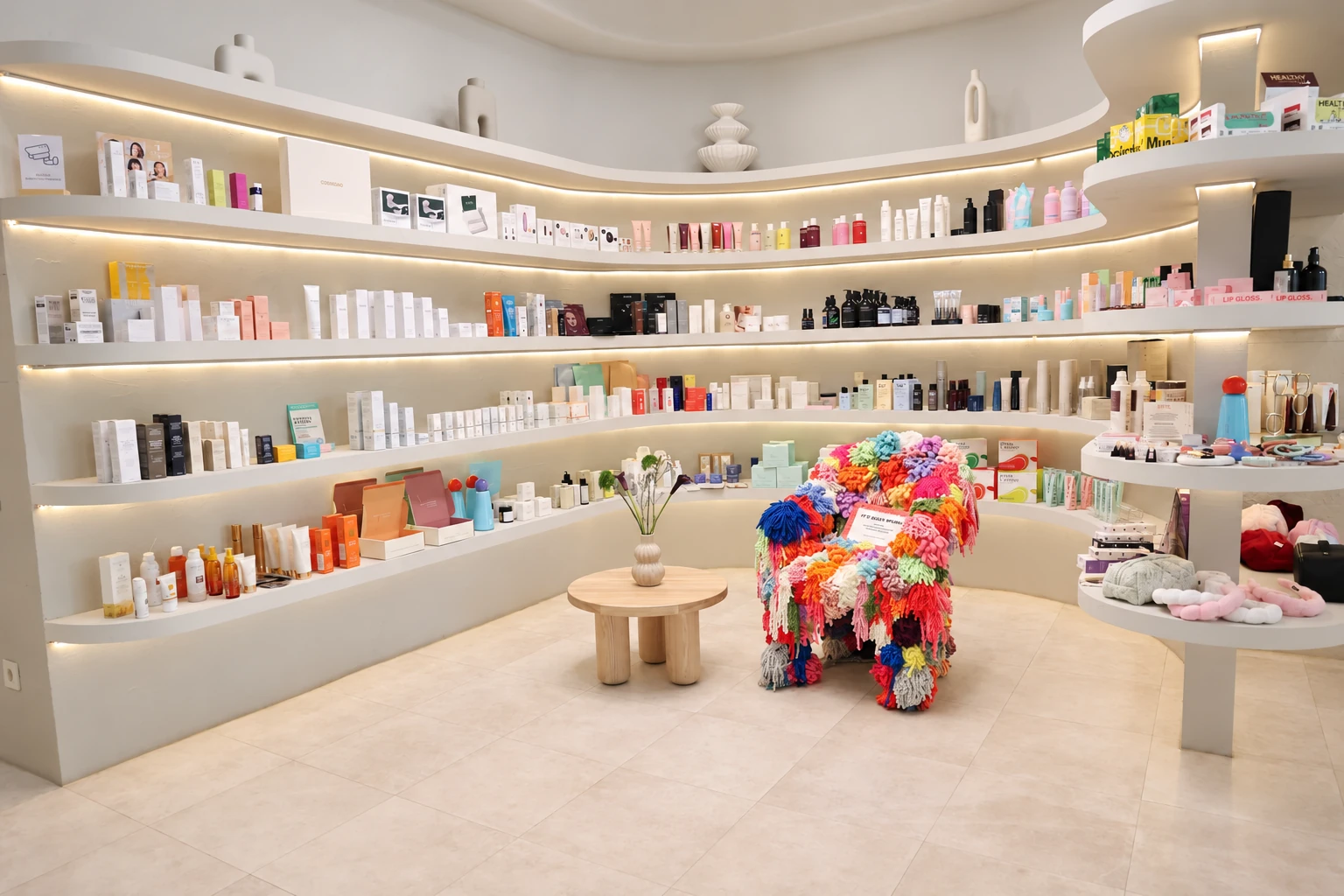 Curved, illuminated shelves of skincare products in the current Anywell salon