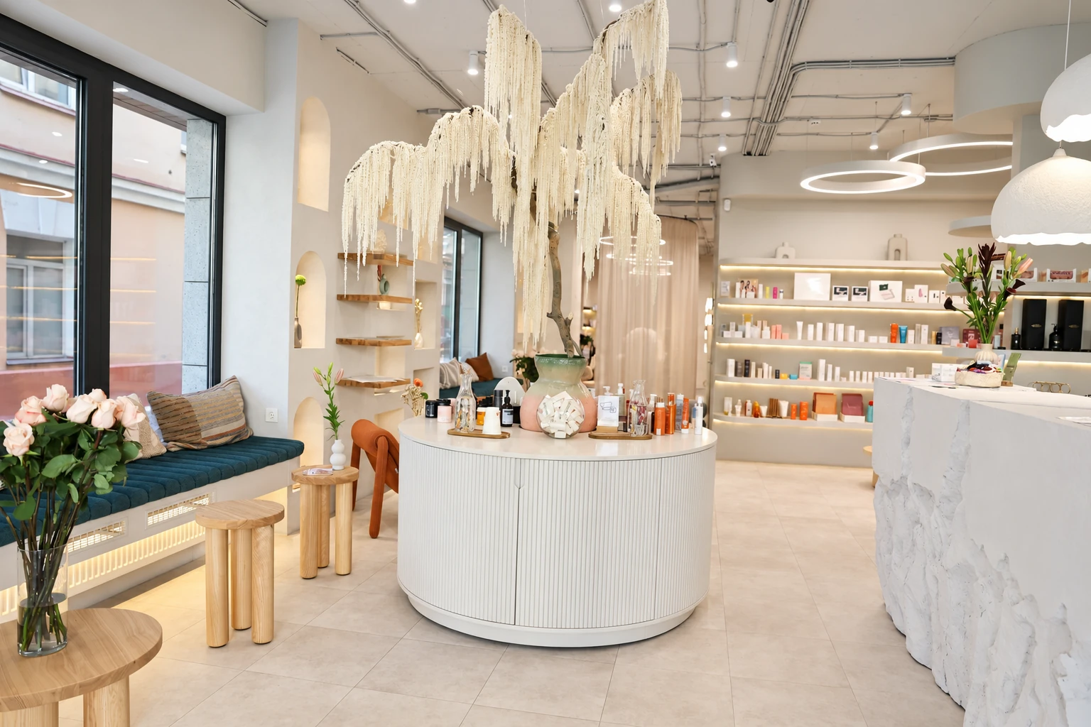The current Anywell salon, with a central skincare display, soft lighting and a window-side lounge