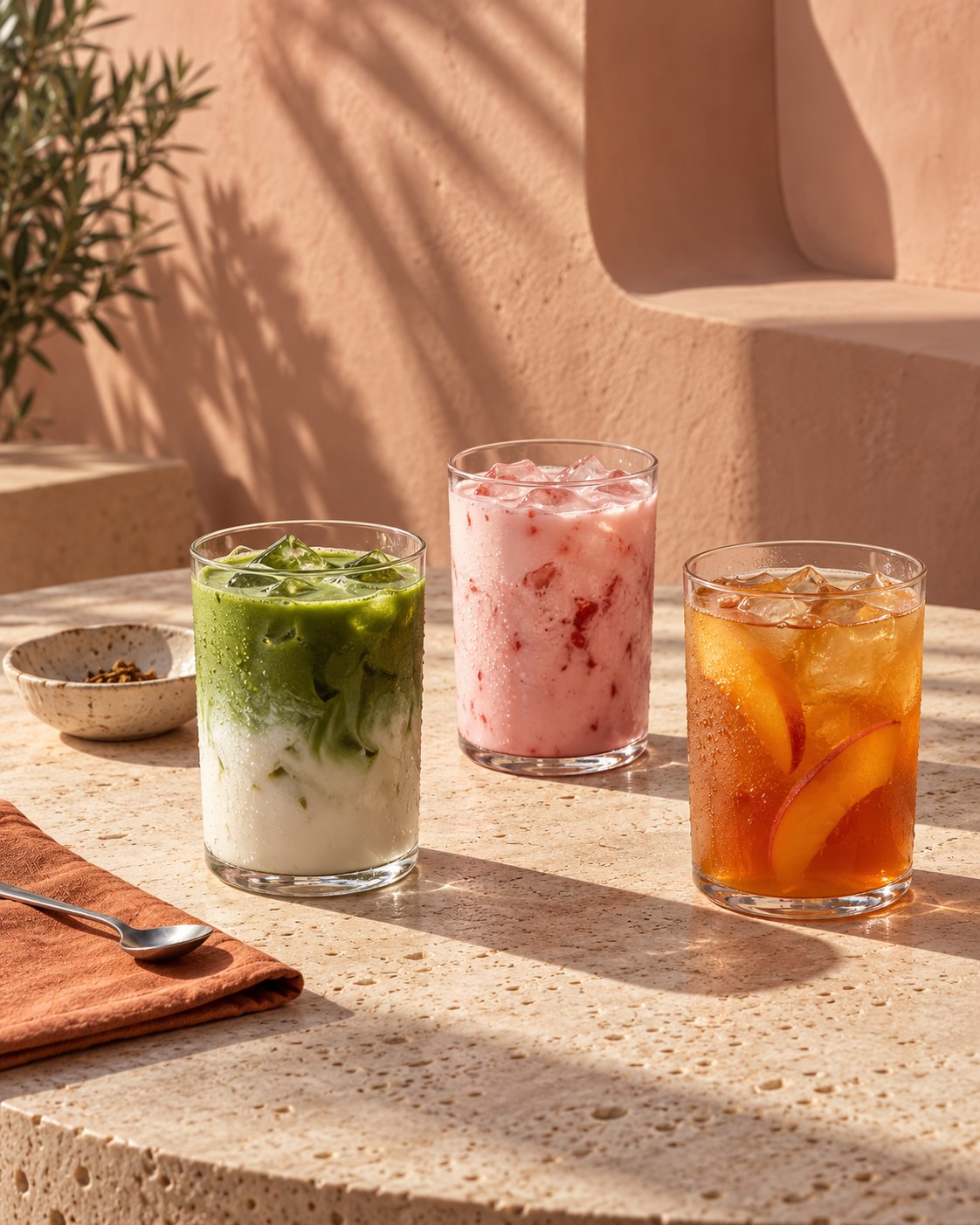 Concept drinks for the Anywell functional drinks bar, presented on a sunlit stone table